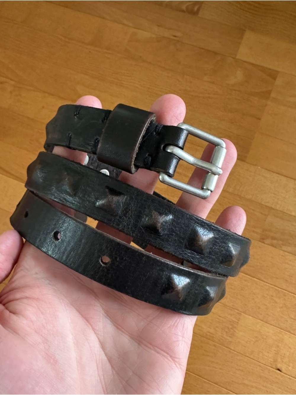 All Saints Black Studded Leather Belt with Metal Buckle